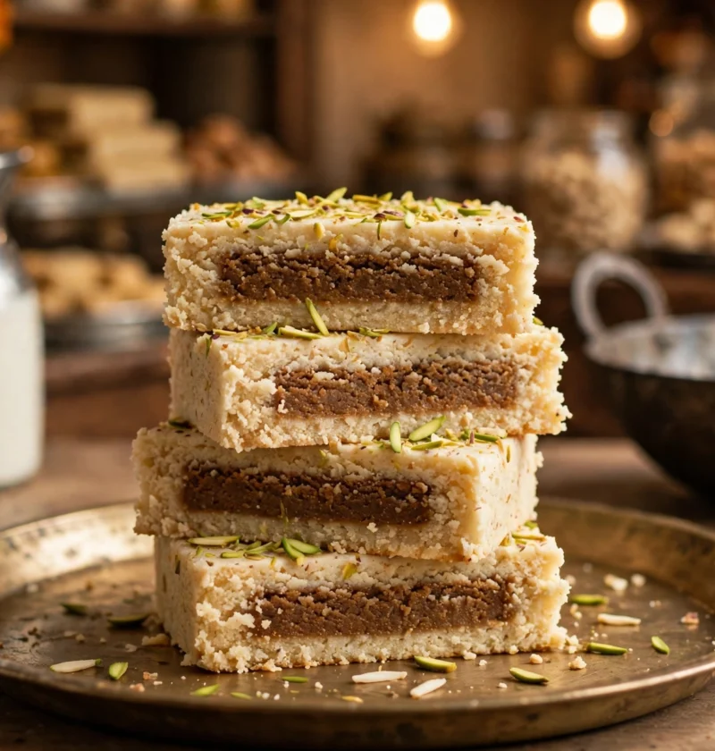 Milk cake recipe – grainy milk cake slices with a darker caramel centre and pistachios on a brass plate