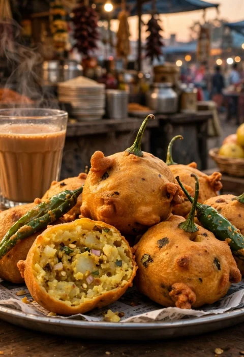 Mirchi vada recipe – whole stuffed green chilies in golden batter on a steel plate, one halved to show the potato filling, with chutneys and chai