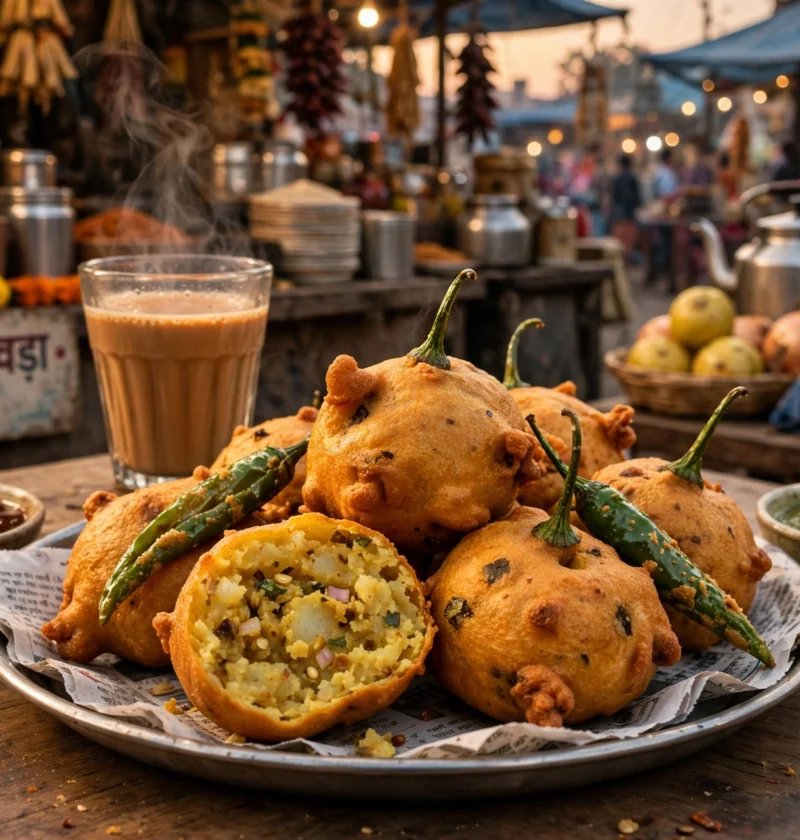 Mirchi vada recipe – whole stuffed green chilies in golden batter on a steel plate, one halved to show the potato filling, with chutneys and chai