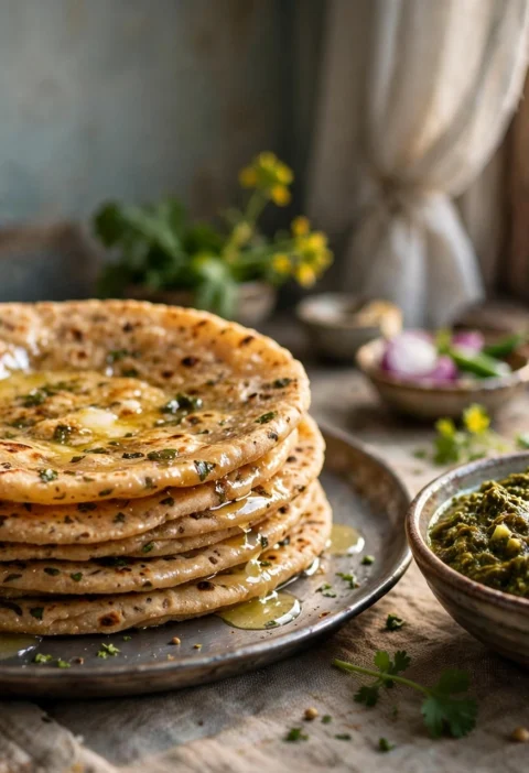 Missi Roti – ghee-glossed stack beside sarson ka saag