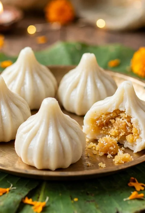 Modak – steamed rice dumplings with coconut-jaggery filling