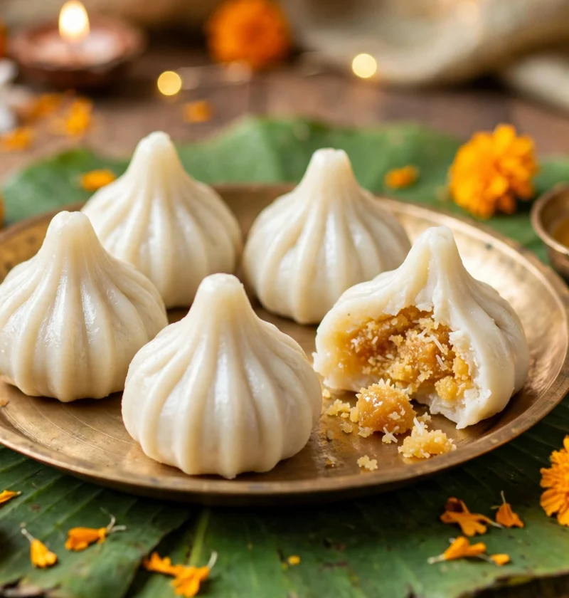 Modak – steamed rice dumplings with coconut-jaggery filling
