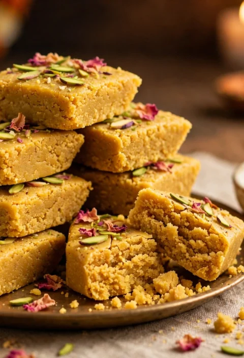 Mohanthal – grainy besan fudge diamonds with pistachio