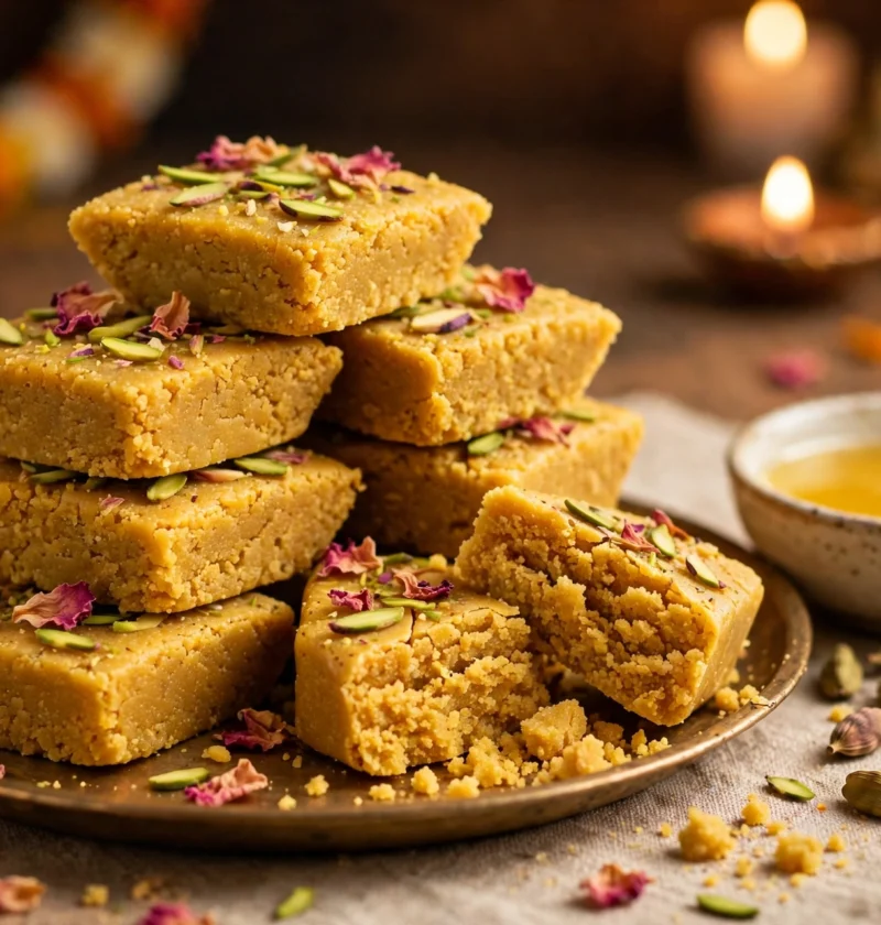 Mohanthal – grainy besan fudge diamonds with pistachio
