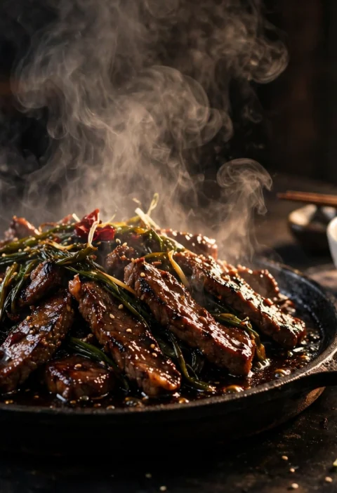 Mongolian beef recipe – crisp-edged beef strips in a dark glossy sauce tangled with scallions on a sizzling platter