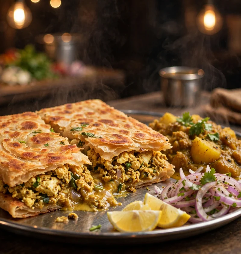 Mughlai Paratha – crisp egg-stuffed paratha with potato curry