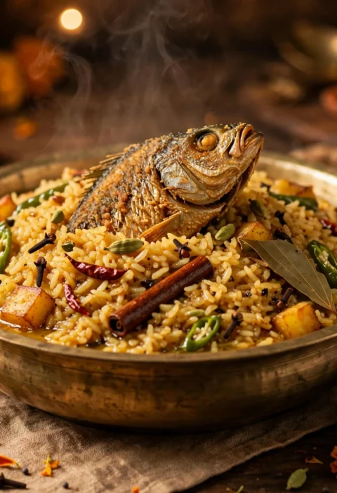 Muri Ghonto – fish head rice with ghee and spices