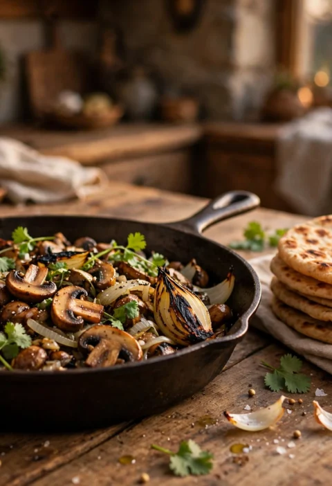 Mushroom do pyaza recipe – mushrooms and onion petals in a cast-iron pan with flatbread