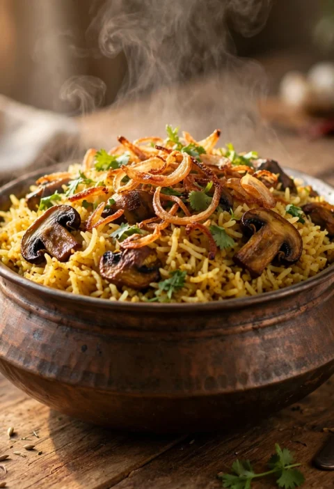 Mushroom pulao recipe – golden mushroom pulao with fluffy basmati rice and crispy fried onions
