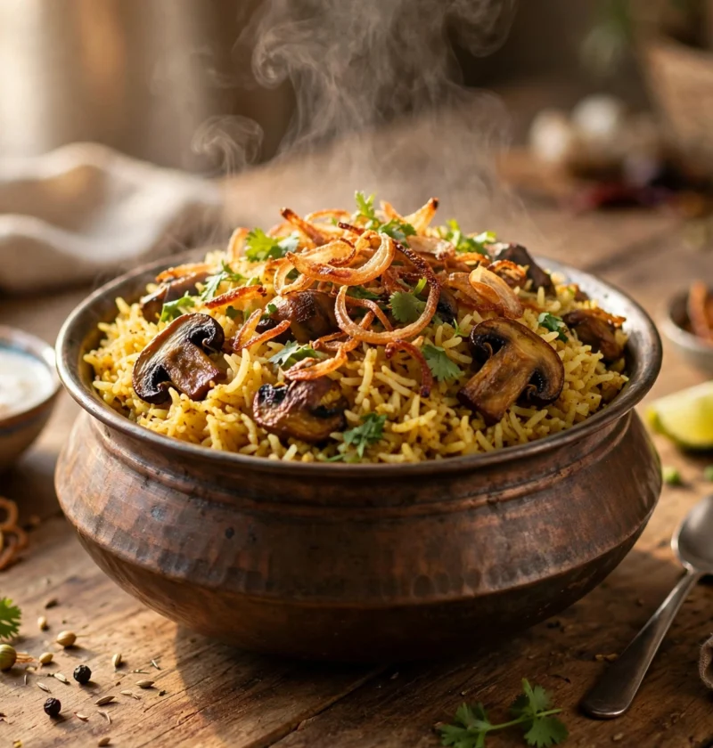 Mushroom pulao recipe – golden mushroom pulao with fluffy basmati rice and crispy fried onions