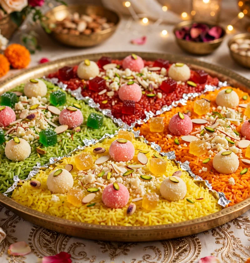 Mutanjan – rainbow sweet rice with khoya and nuts