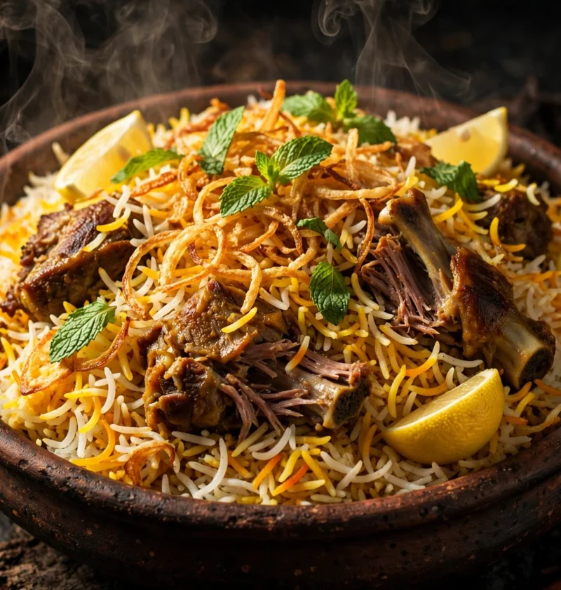 Mutton biryani – layered basmati with tender goat pieces