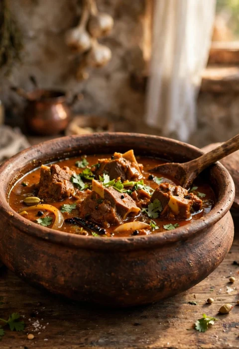 Mutton curry recipe – home-style mutton curry in an earthenware handi pot with flatbread