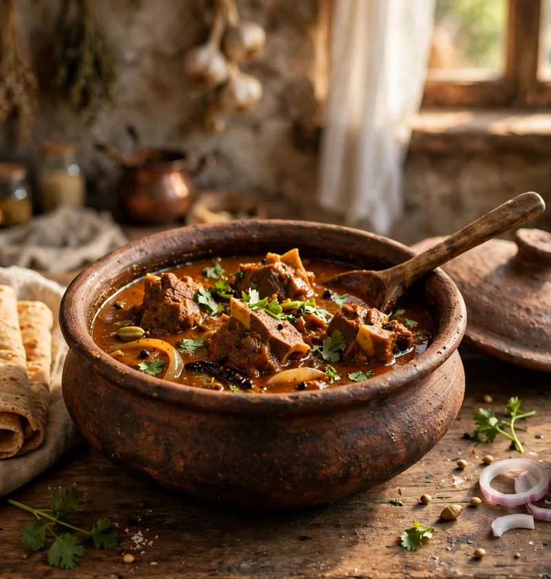 Mutton curry recipe – home-style mutton curry in an earthenware handi pot with flatbread