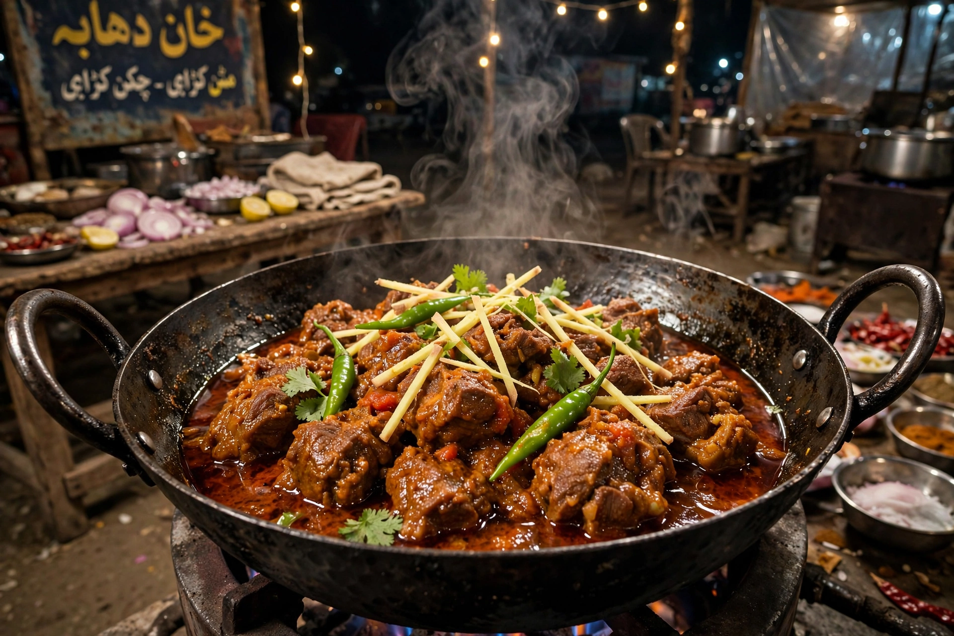 Mutton karahi in a karahi, topped with ginger juliennes, green chilies and fresh coriander
