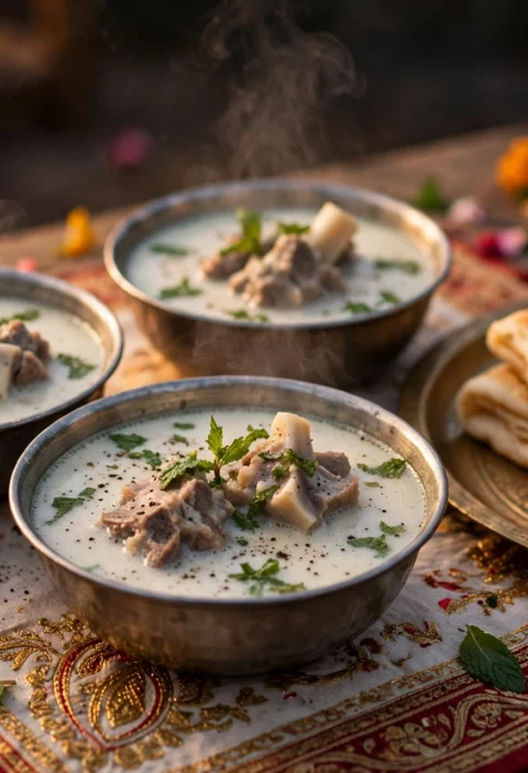 Mutton marag recipe – milky-white mutton marag in steel bowls with cracked black pepper, mint and warm sheermal on a brass tray