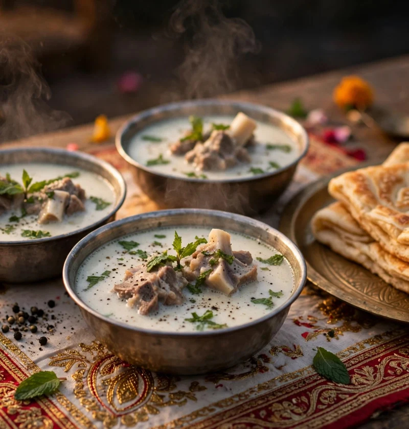Mutton marag recipe – milky-white mutton marag in steel bowls with cracked black pepper, mint and warm sheermal on a brass tray