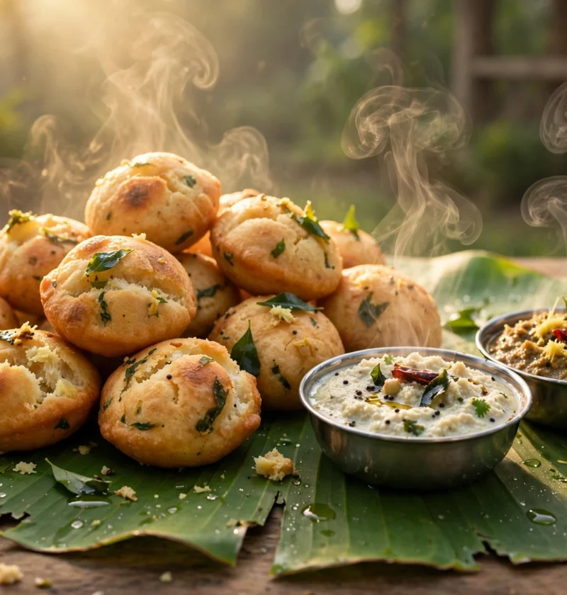 Mysore bonda recipe – soft golden mysore bondas with coconut and ginger chutney on a banana leaf