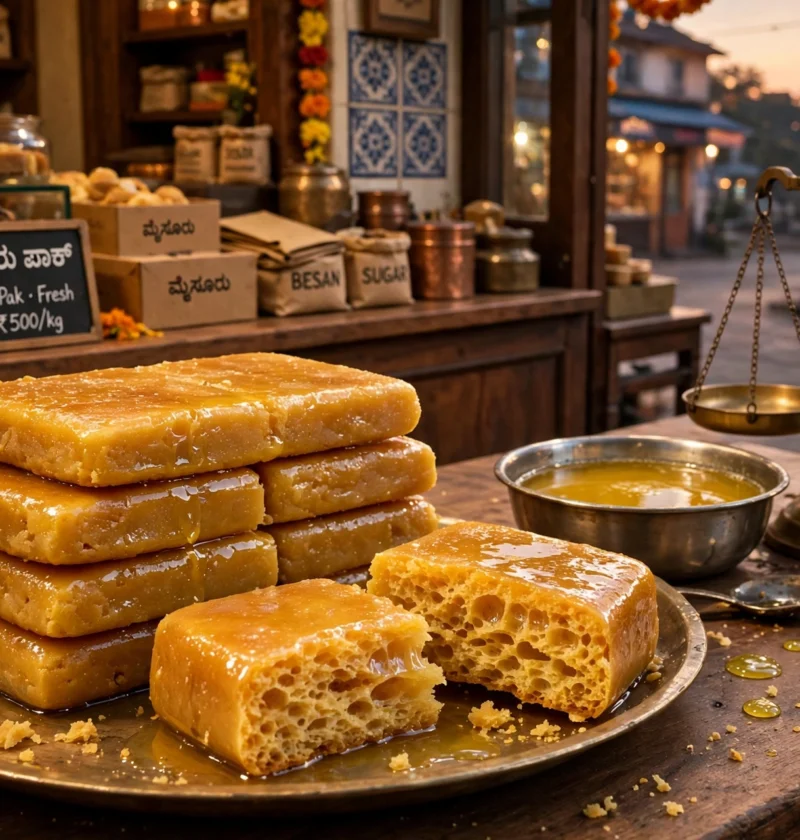 Mysore Pak – golden ghee fudge slabs with porous crumb