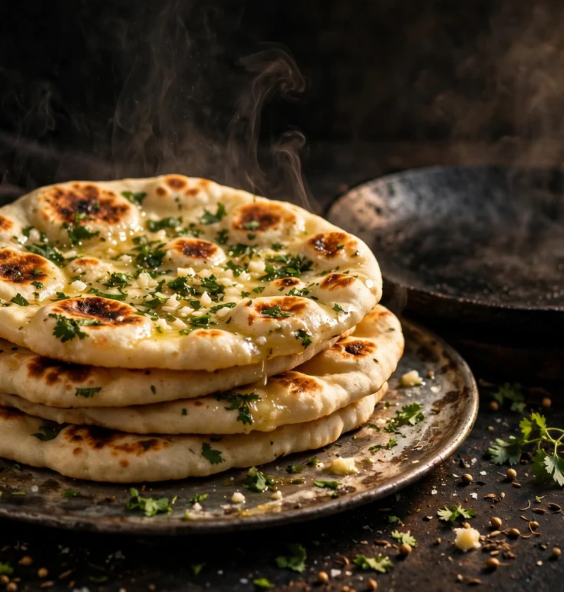 Homemade naan – soft blistered bread with garlic butter