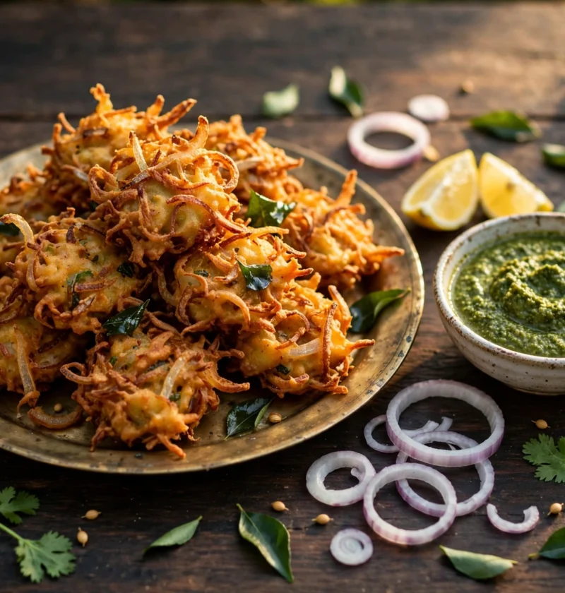 Onion pakora recipe – crisp golden onion pakoras on a brass plate with mint chutney and lemon