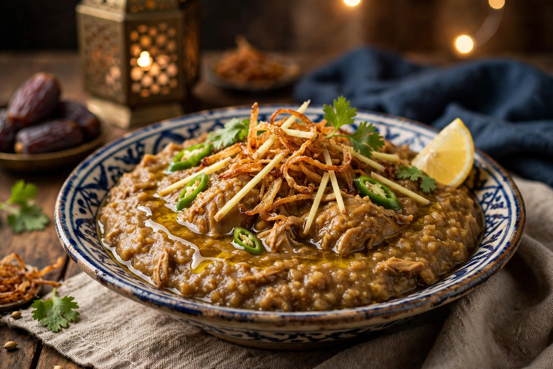 Chicken haleem recipe - slow-cooked chicken haleem topped with fried onions, ginger and lemon