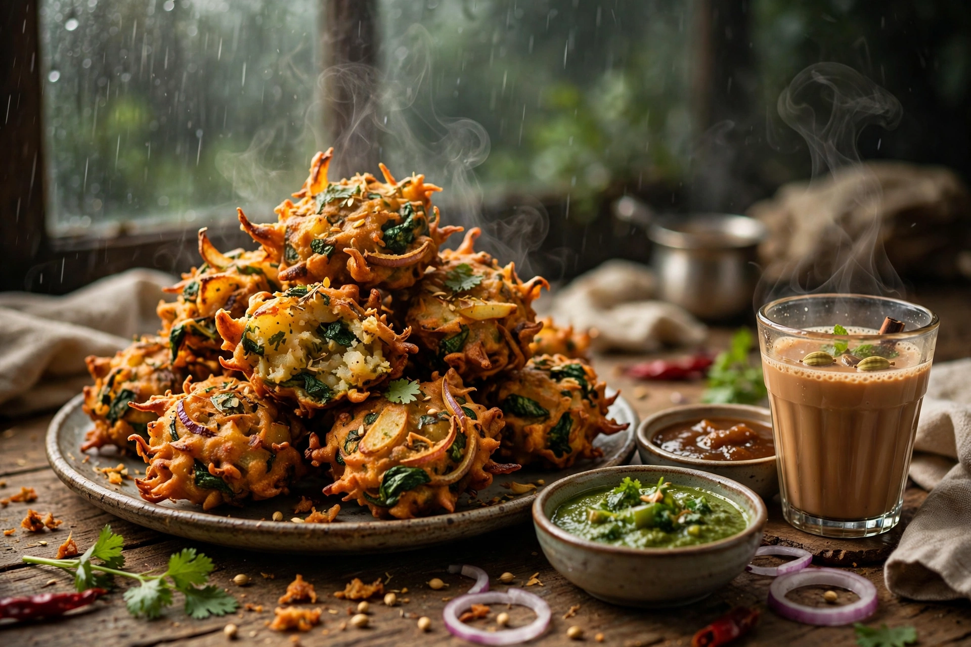 Crispy pakora recipe - golden mix pakoras served with chutney and chai