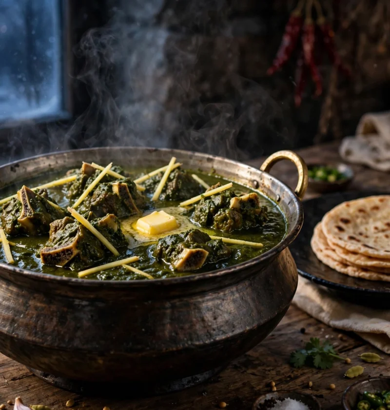 Palak gosht recipe – tender mutton pieces in dark green spinach gravy with melting butter and ginger juliennes, fresh rotis beside it