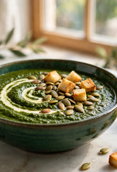 Palak soup recipe – green spinach soup with cream swirl, pumpkin seeds and croutons