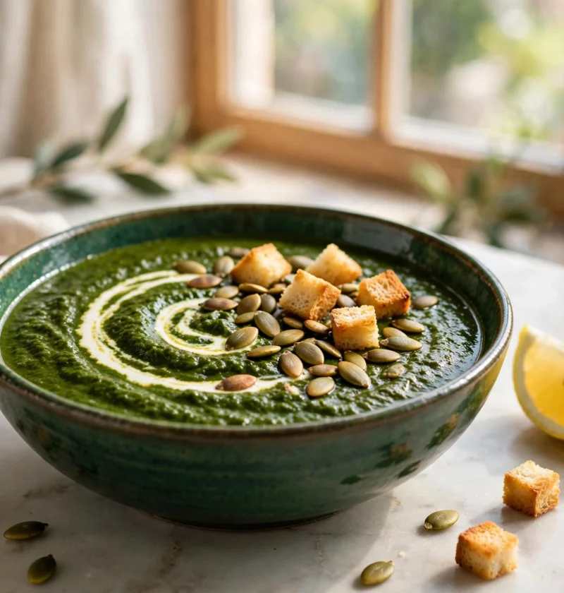 Palak soup recipe – green spinach soup with cream swirl, pumpkin seeds and croutons