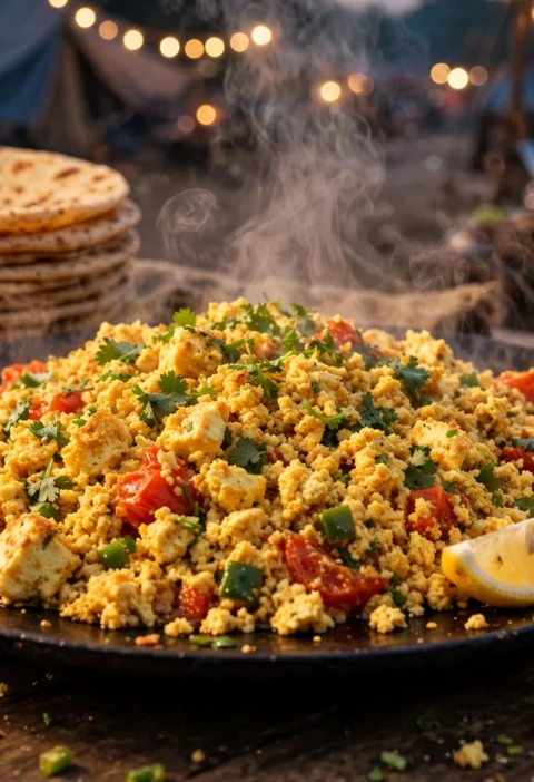 Paneer bhurji recipe – crumbled paneer bhurji with capsicum, tomato and cilantro on an iron tawa, with rotis