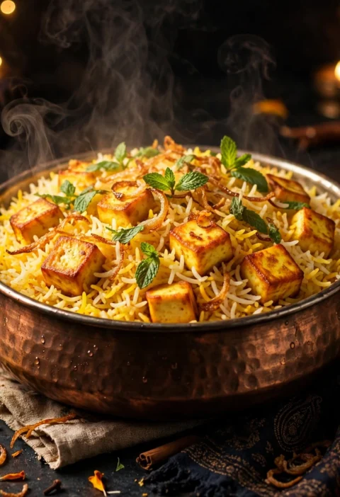 Paneer Biryani – golden paneer cubes in saffron rice