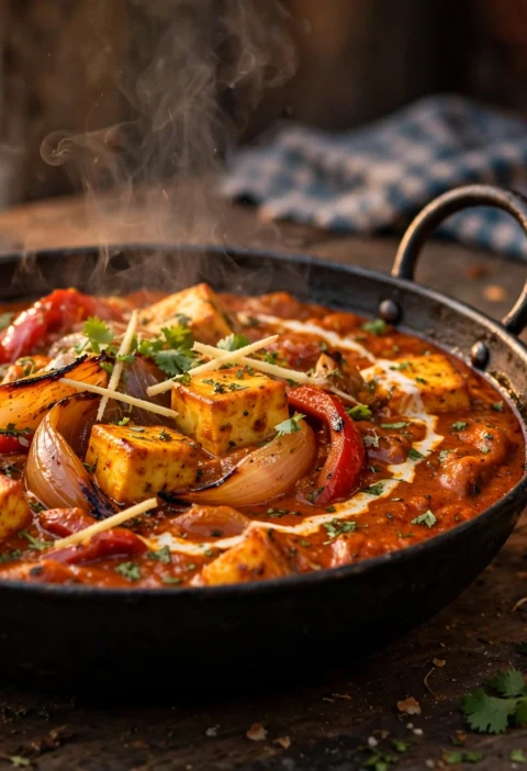 Paneer do pyaza recipe – paneer cubes with blistered onion petals in a tomato masala, in a black karahi with butter naan