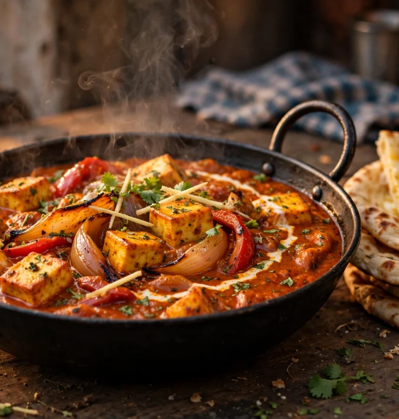 Paneer do pyaza recipe – paneer cubes with blistered onion petals in a tomato masala, in a black karahi with butter naan