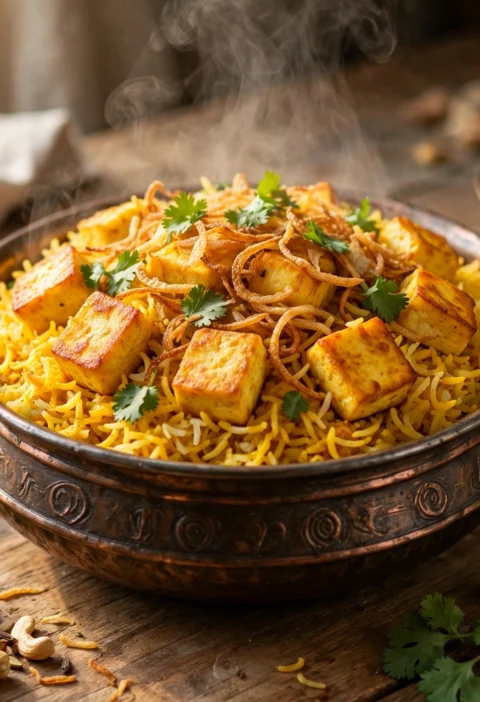 Paneer pulao recipe – golden paneer pulao with saffron basmati rice and crispy fried onions