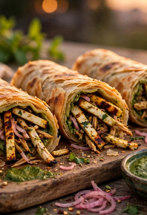 Paneer roll recipe – flaky paratha rolls with smoky paneer strips, chutney and pickled onions