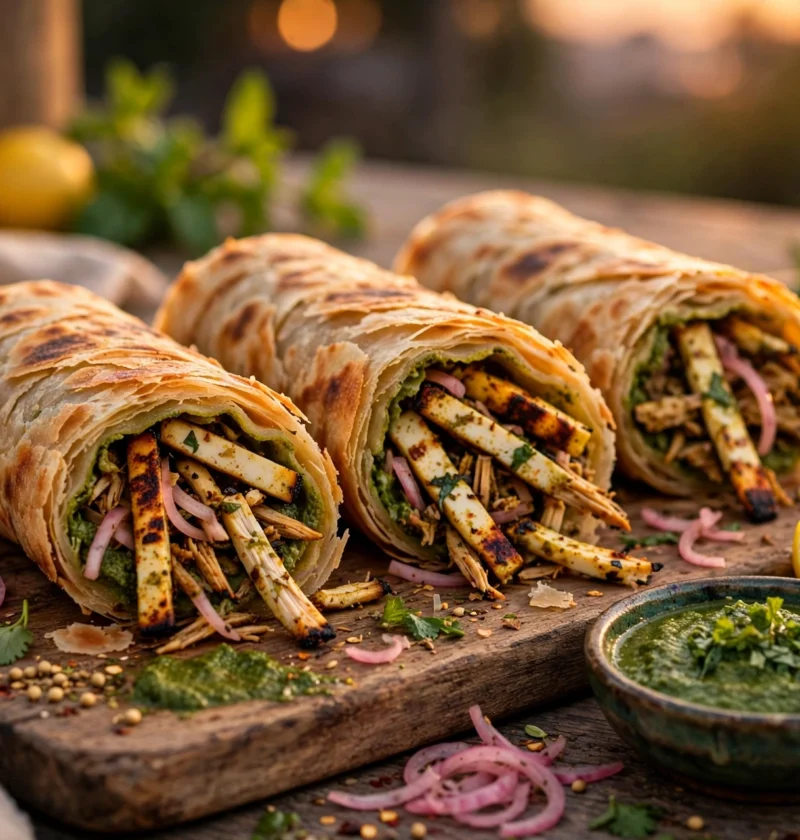 Paneer roll recipe – flaky paratha rolls with smoky paneer strips, chutney and pickled onions