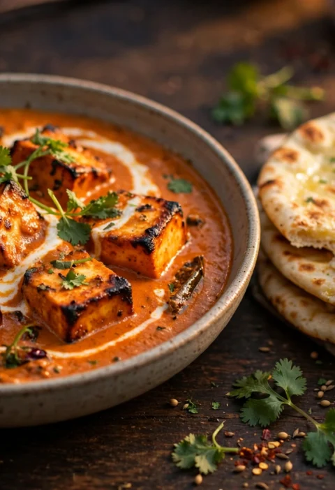 Paneer tikka masala recipe – charred paneer tikka cubes in orange tomato-cream gravy with naan