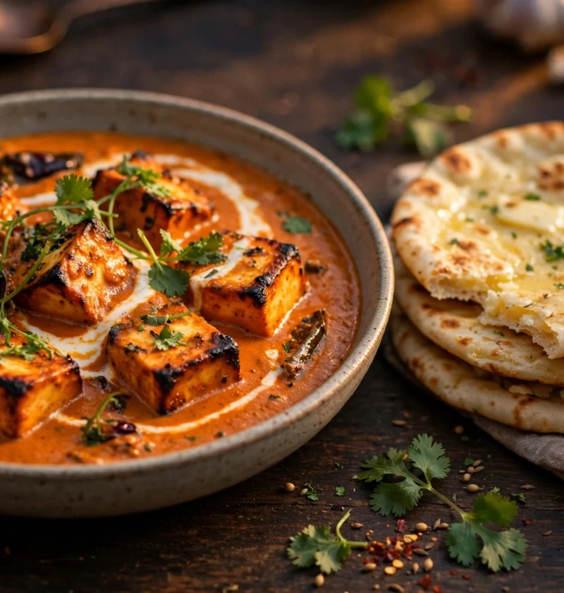 Paneer tikka masala recipe – charred paneer tikka cubes in orange tomato-cream gravy with naan