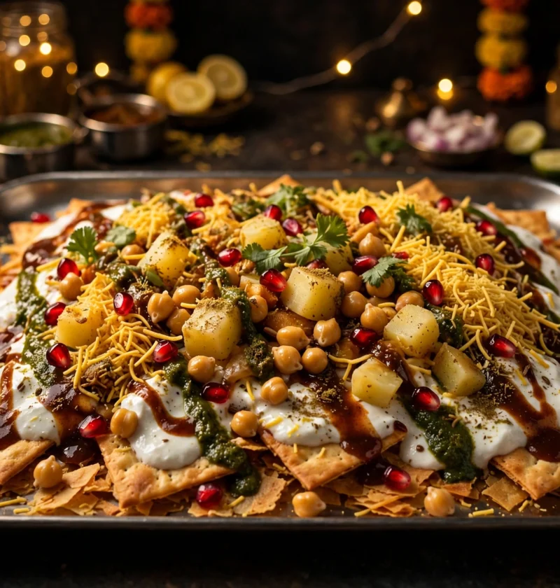 Papri chaat – crisp crackers with yogurt and chutneys