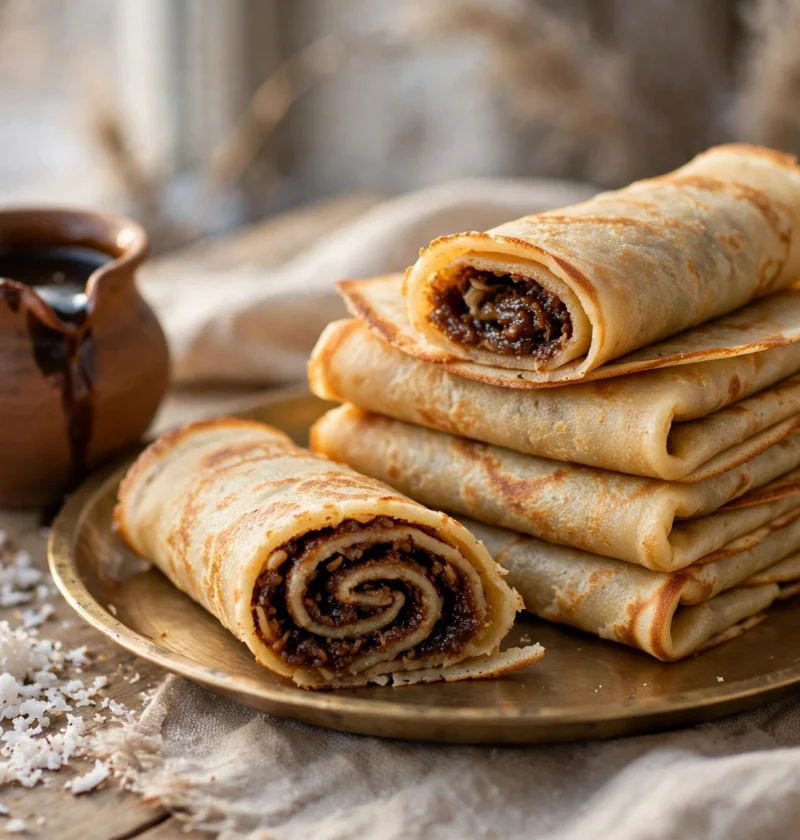 Patishapta – lacy rice crepes with coconut-jaggery filling