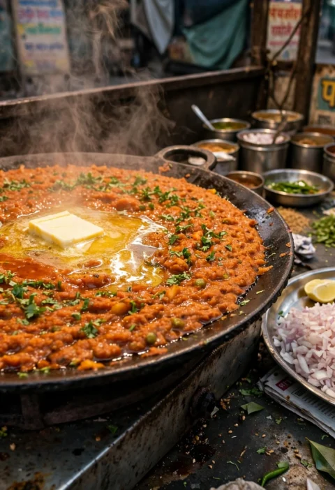 Pav Bhaji – buttery mashed vegetables on a tawa with pav