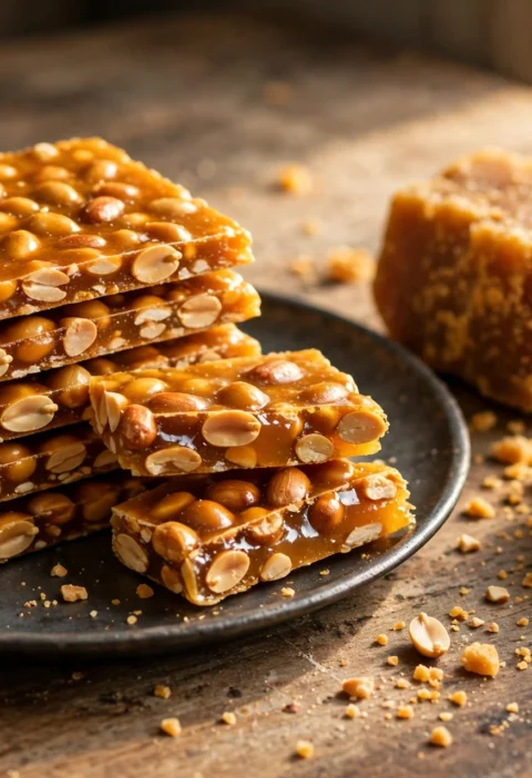 Peanut chikki recipe – glossy jaggery peanut brittle squares on a steel plate, one piece snapped in half