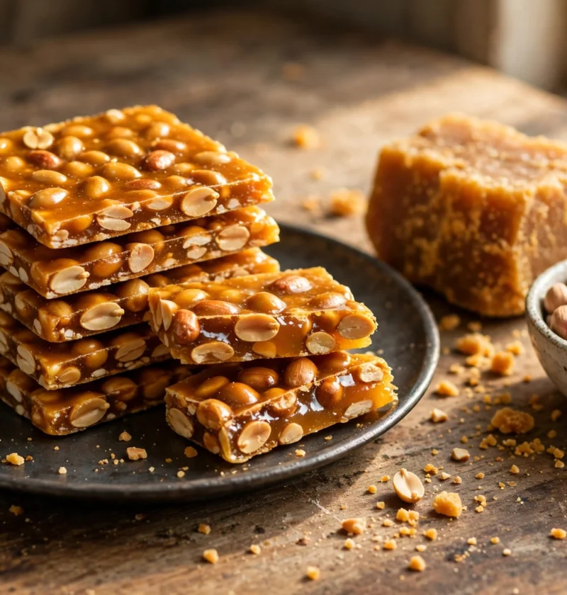 Peanut chikki recipe – glossy jaggery peanut brittle squares on a steel plate, one piece snapped in half