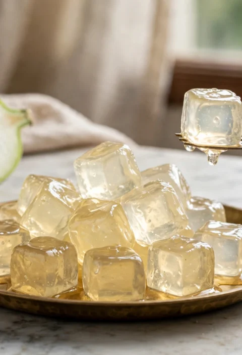 Petha recipe – translucent petha pieces glistening with syrup on a brass plate with a halved ash gourd beside