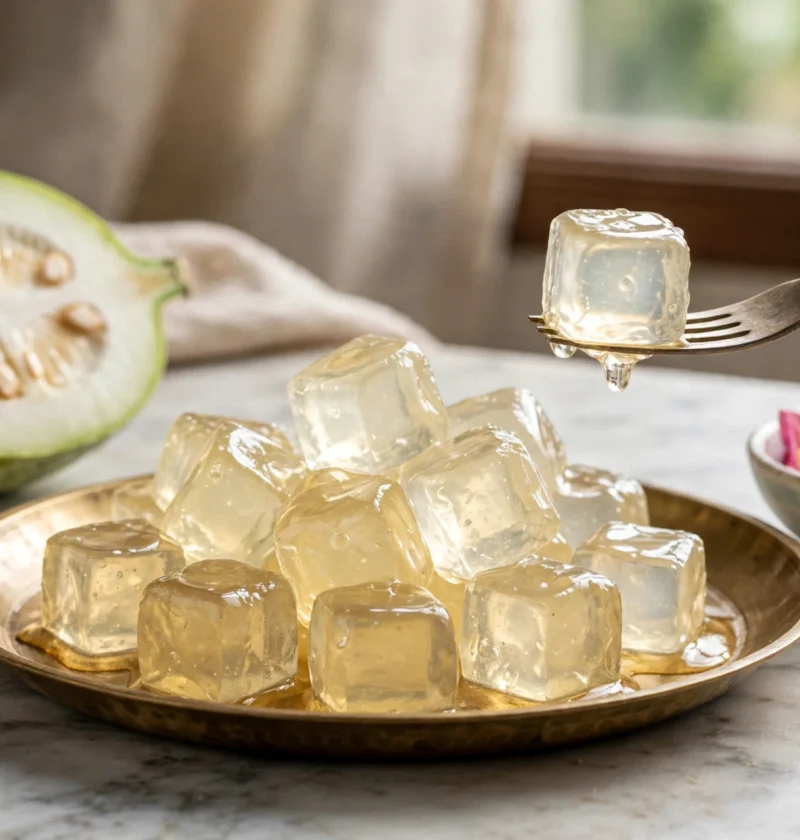 Petha recipe – translucent petha pieces glistening with syrup on a brass plate with a halved ash gourd beside