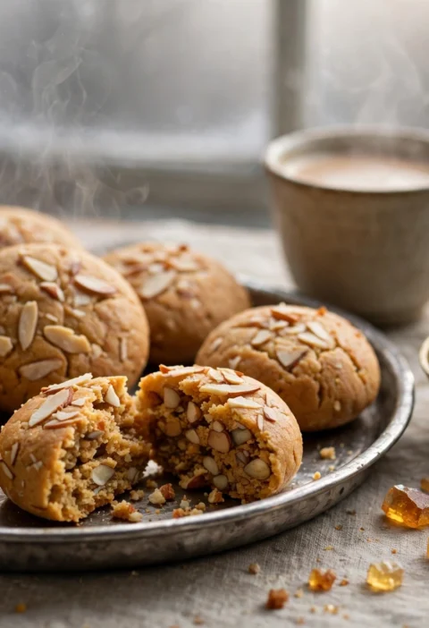 Pinni recipe – golden atta pinnis with almond slivers on a steel thali, one broken open, with a cup of chai