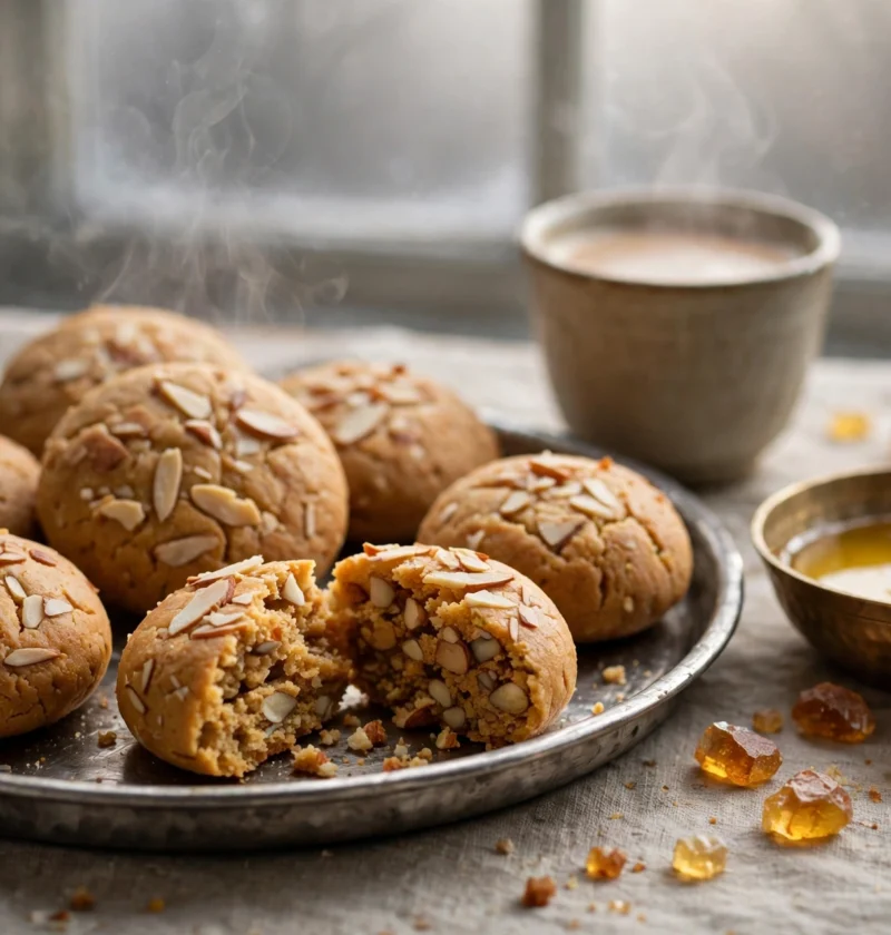 Pinni recipe – golden atta pinnis with almond slivers on a steel thali, one broken open, with a cup of chai