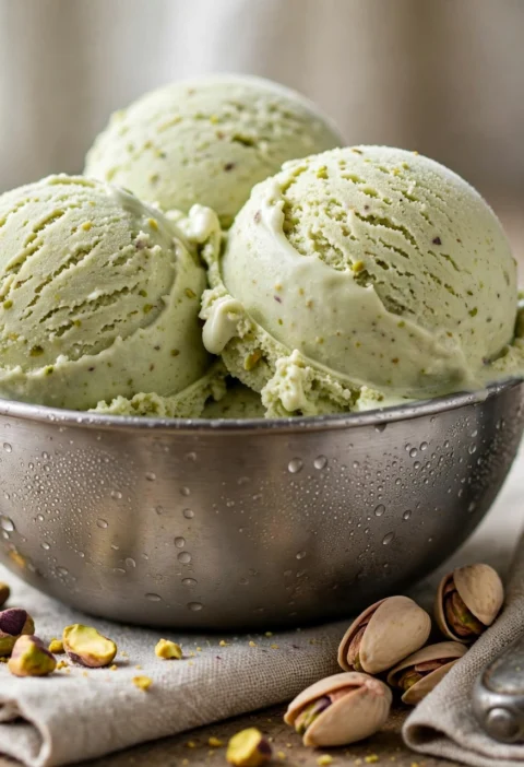 Pista ice cream recipe – pale green pistachio ice cream scoops with roasted pistachios in a steel bowl