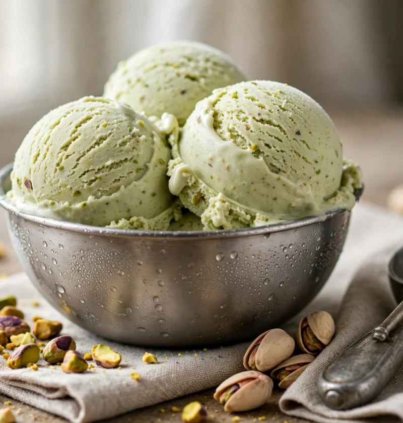 Pista ice cream recipe – pale green pistachio ice cream scoops with roasted pistachios in a steel bowl